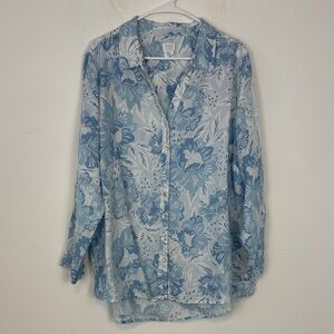 Sigrid Olsen Blue and White Floral 100% Linen Button Down Shirt. Plus Size 2X.
